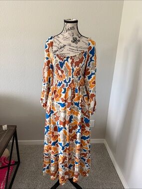 Smocked Long-Sleeve Maxi Dress in Multi Floral Print